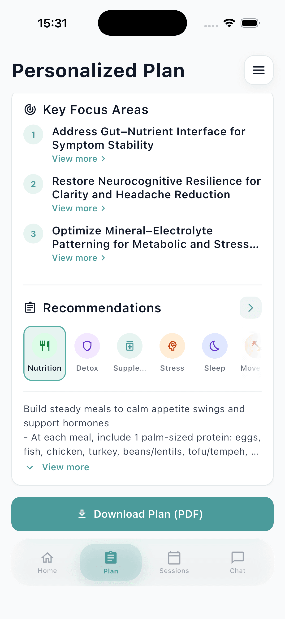 LongevityMe app personalized plan screen with focus areas and recommendations