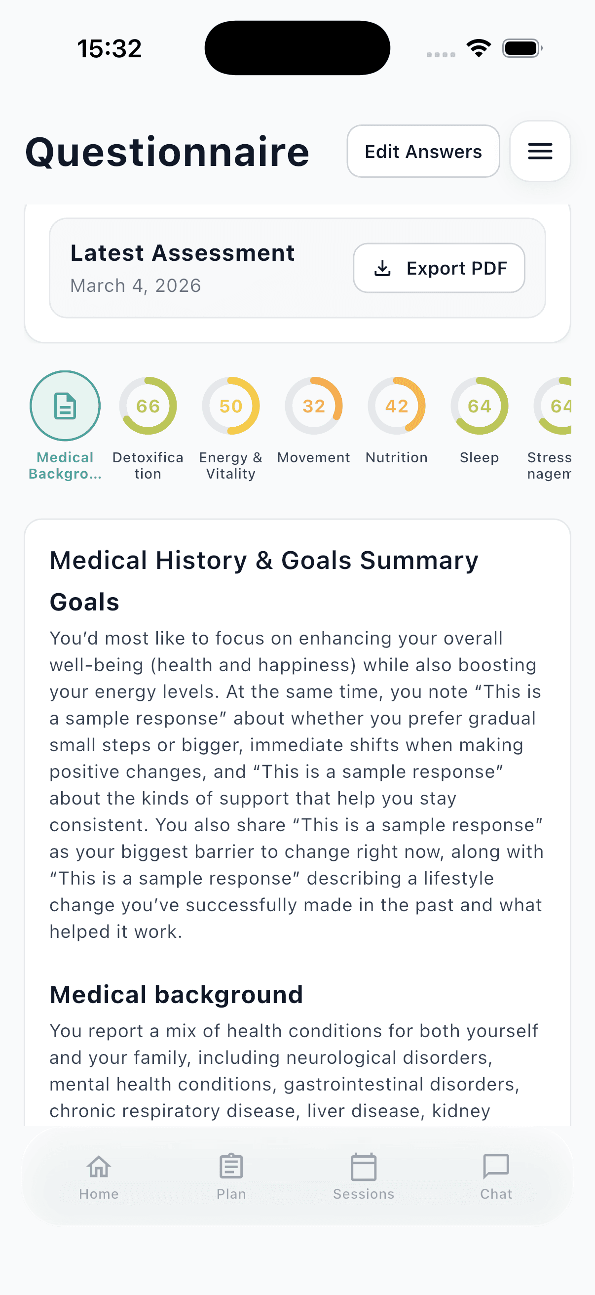 LongevityMe app questionnaire progress screen with assessment summary