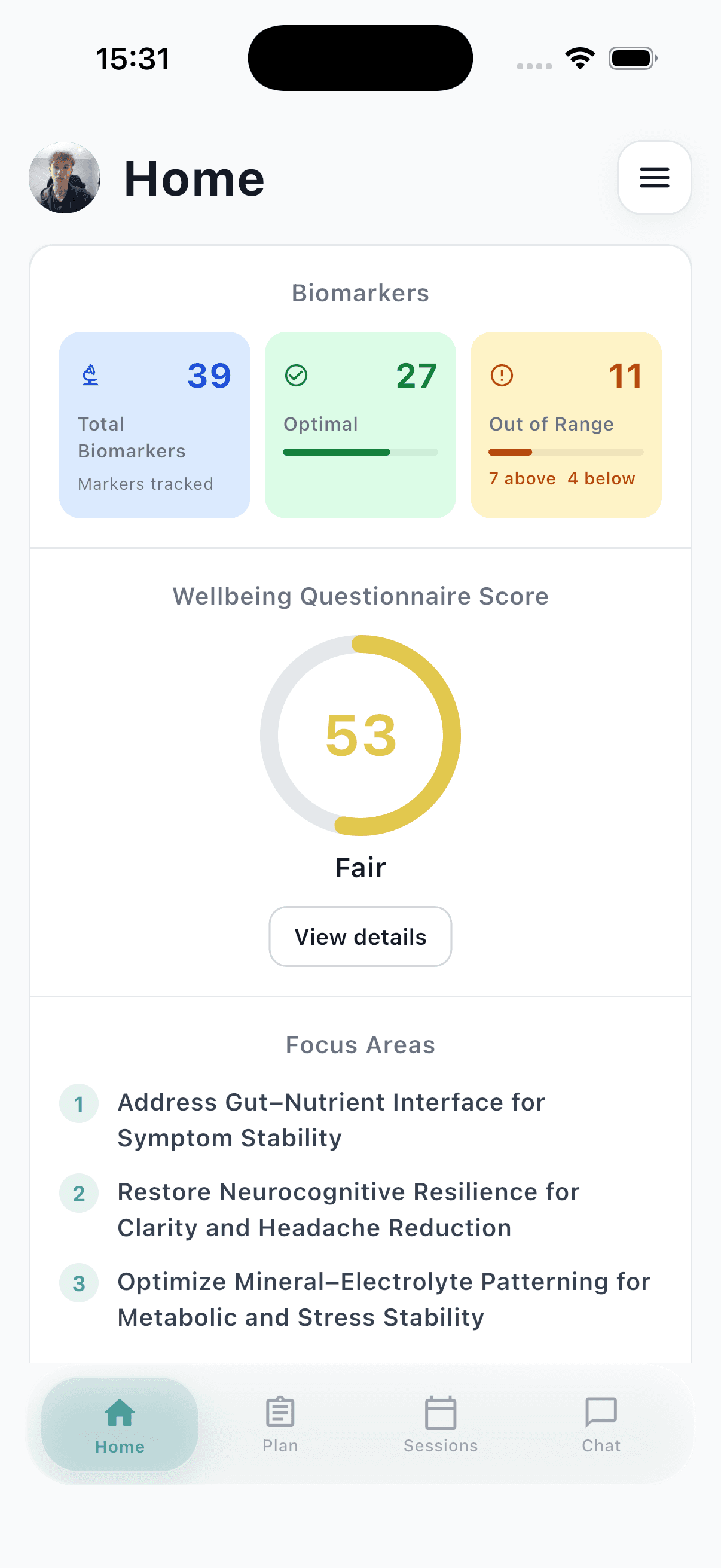 LongevityMe app home screen with biomarker results and wellbeing trends