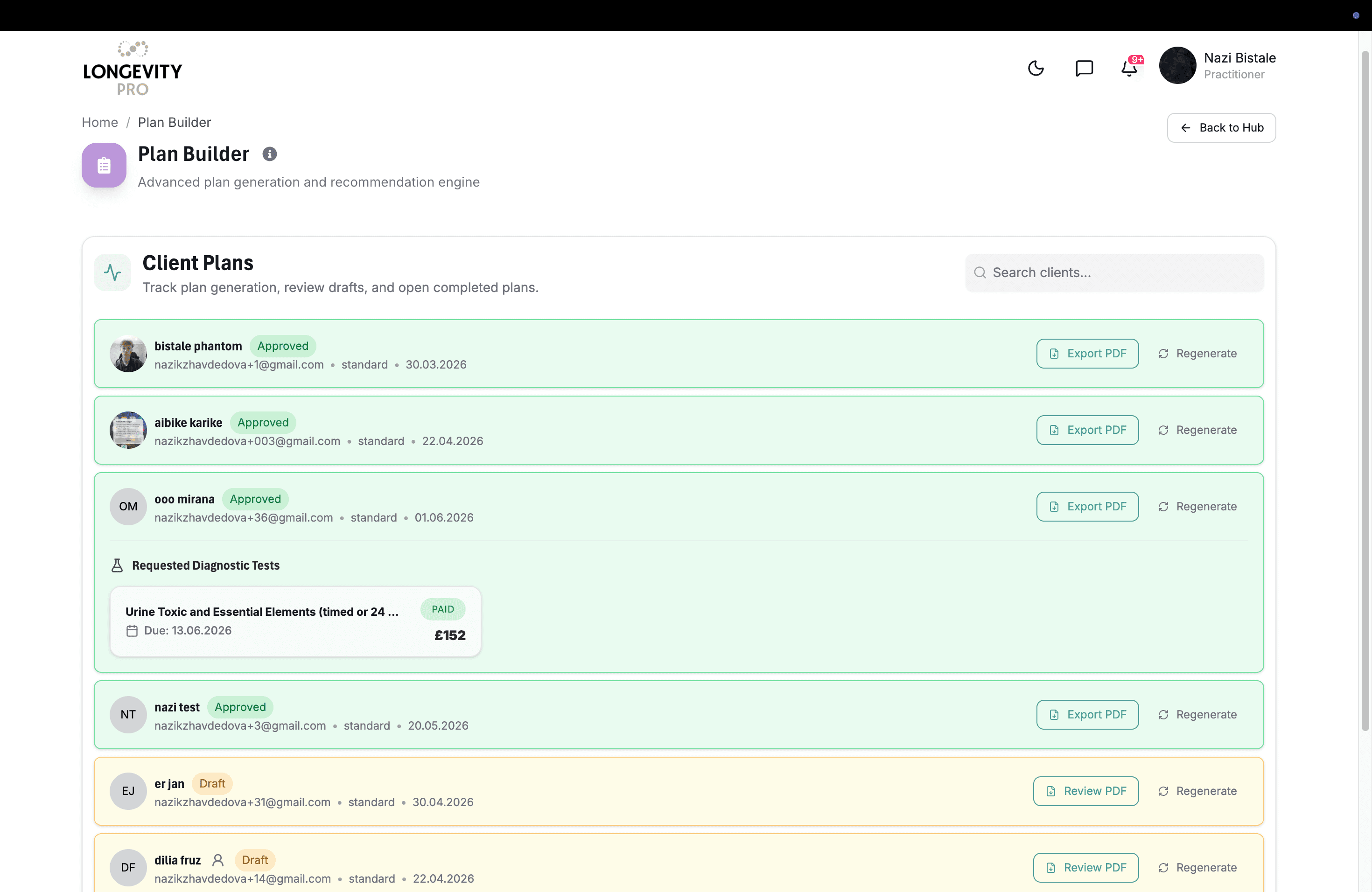 LongevityPRO plan builder screen showing approved client plans
