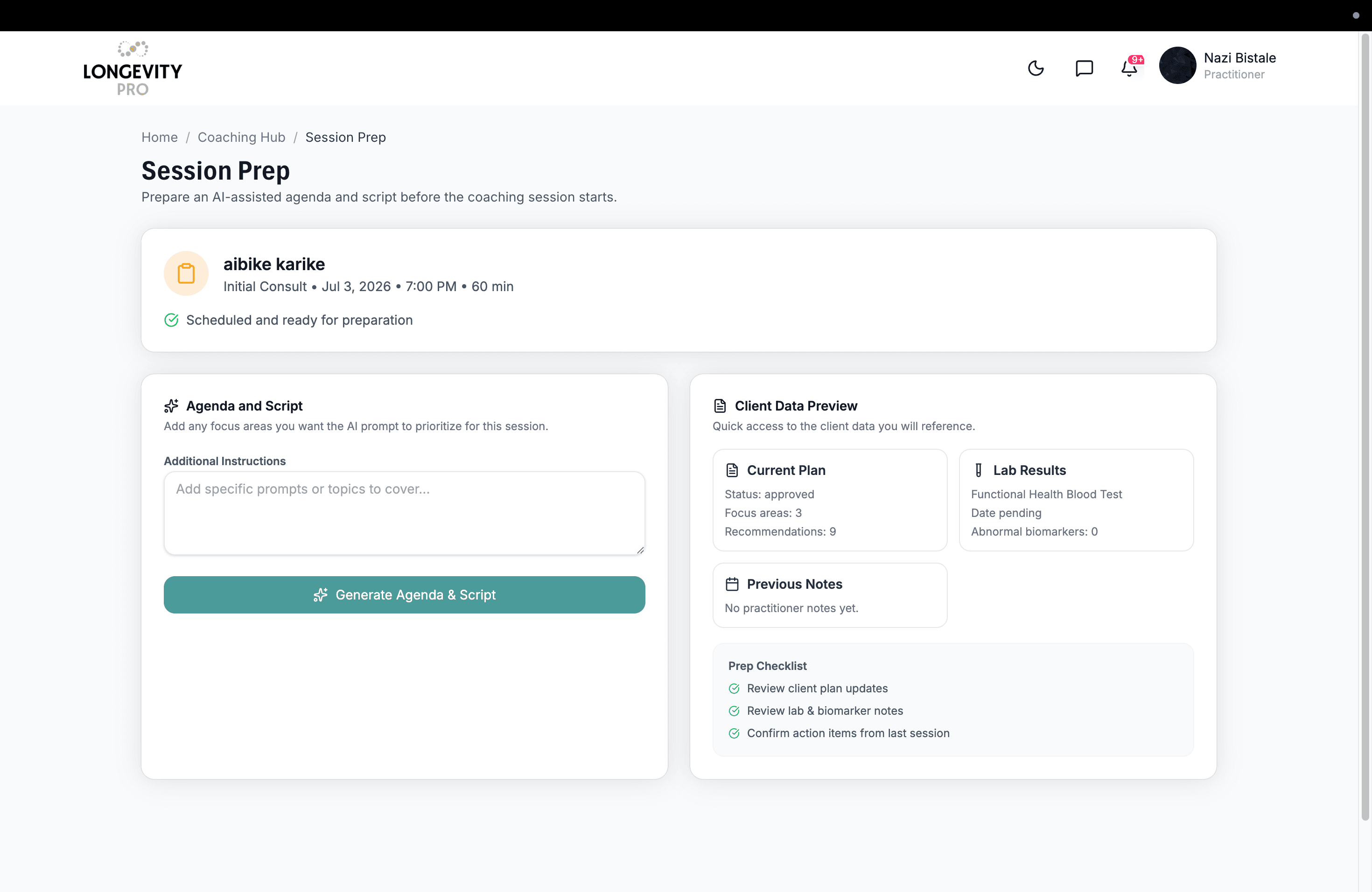 LongevityPRO session prep screen with agenda generation and client data preview