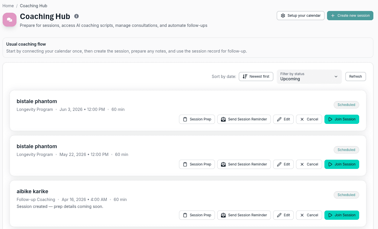 Coaching Hub — session scheduling, prep and follow-ups
