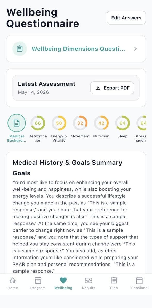 LongevityMe app — wellbeing questionnaire and assessment scores